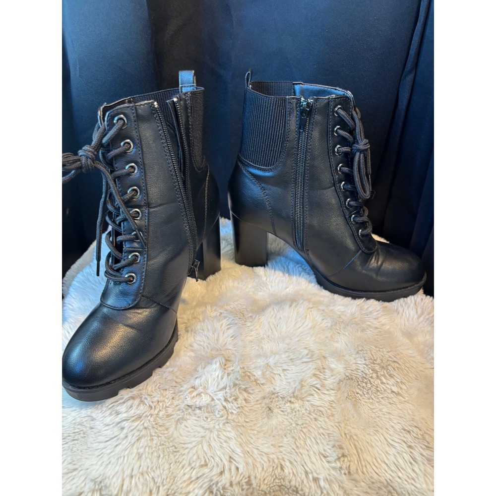 Black Lace Up Block Heel Ankle Boots Lug Sole Side Zip Booties PILATE-13 7.5
